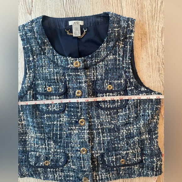 Caché Tweed Vest Blue & White with Silver Buttons Wool Blend Vest 12 - Picture 10 of 14